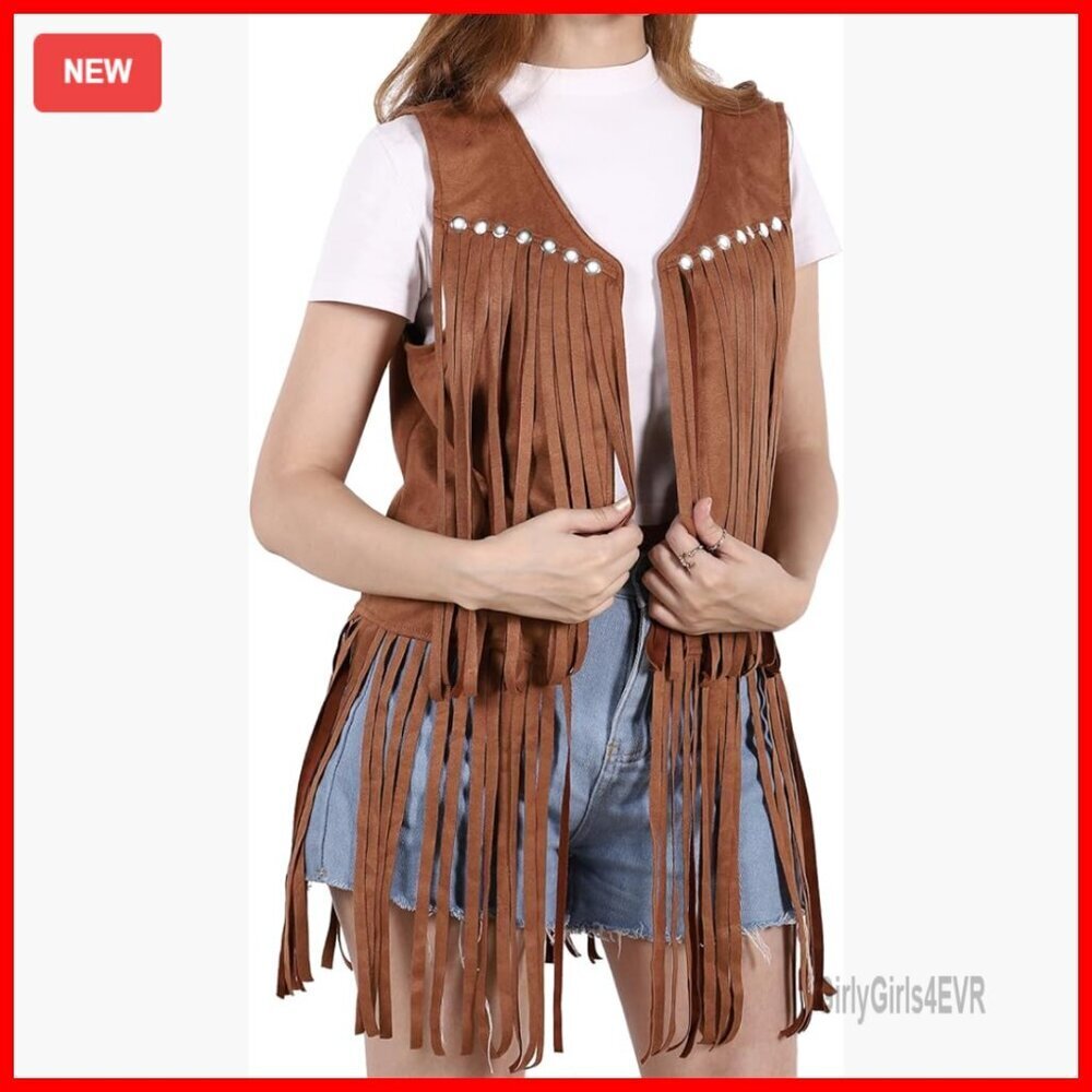Faux Suede Fringe Vest Sleeveless Western Cowgirl Jacket Outerwear